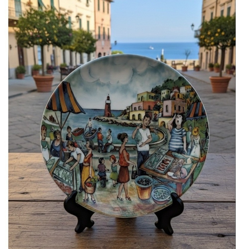 Vintage Effetti d'Arte Italy Ceramic Coastal Market Scene‎ Plate 8"